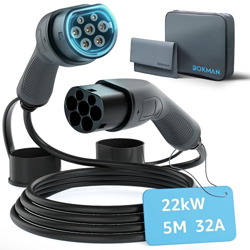 bokman Typ 2 Ladekabel für Elektroauto, Modus 3 | 32A | 22 KW | 3-Phasig | 5 Meter, EV-Ladekabel mit Tragetasche und Mikrofasertuch