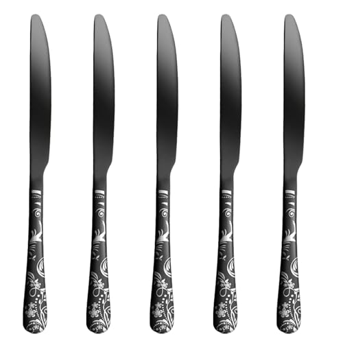 Image of 9.1 inch Charcoal Black Stainless Steel Dinner Knives with Floral Printed Handle | 5-Piece Premium Flatware Set of Steak Knives | Elegant Cutlery for Home, Restaurants, and Gifting