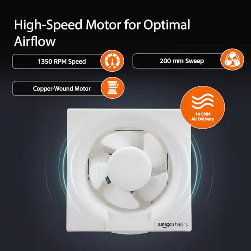Image of Amazon Basics Ventilation 8 inch Fan | 40W | 5 Blades | 200 mm Sweep | 2.3 dB Low Noise | Window Mount | Wall Switch Control | White Plastic