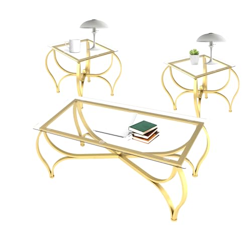 3-Piece Coffee Table Set with Tempered Glass - Rectangle Coffee Table and 2 Square End Tables Modern Living Room Furniture Set Gold Metal Frame Sturdy Construction