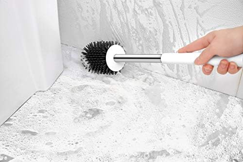 Toilet Brush with Drainage Holder Set,Flex Silicone Anti-Clog Anti-Drip Brush Head, White/Grey Colour with Stainless Steel Handle, 1-Pack