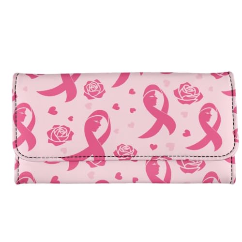 Image of AFPANQZ Womens Wallets Leather Trifold Multi Card Holder Slots Wallet | Pink Ribbon Rose Print Elegant Clutch Phone Holder Trifold Purses Zip Coins Pocket, Buckle Closure Clutch