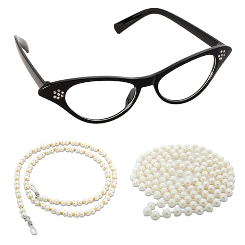 Hftjtsa Old Lady Costume Accessories 100th Day of School Faux Pearl Necklace Rhinestone Sunglass Chain Dress up for Women