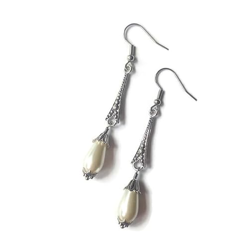 Art Deco Roaring 20s Embossed Dots Tapered Bar Detail Pearl Drop Dangle Earrings for Women in White Ivory & Antique Silver with Hooks for Pierced Ears Handmade by LovesVintage43