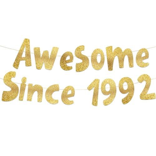 Image of Pre-Strung Awesome Since 1992 Gold Glitter Banner - Funny 34th Birthday and Anniversary Decorations for Men and Women - Party Supplies and Gifts