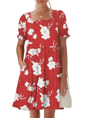 Image of ANRABESS Women Summer Square Neck Puff Short Sleeve Mini Dress 2026 Casual Flowy Sundress Beach Vacation Clothes with Pockets