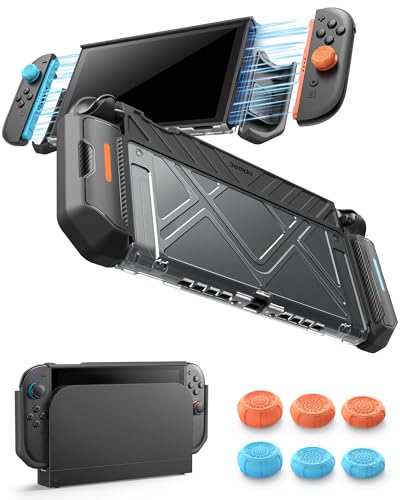 JEMDO Dockable Coque pour Nintendo Switch 2, Housse de Protection Grip Slim Antichoc Anti-Chute avec Coque Rigide PC et Grip Pliable 180° en TPU, 2 Emplacements Cartes et 6 Capuchons Joystick, Noir