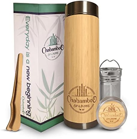 CHABAMBOO Bamboo Tumbler - 17oz - w/Tea Infuser and Strainer - Coffee Bottle - Insulated Travel Tea Mug To Go - Tea Thermos & Tea Gift + Loose Leaf Tea Steeper - Tea Tong & Tea Squeezer