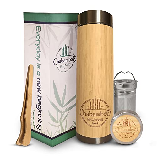 Chabamboo Bamboo Tumbler - 17Oz - W/Tea Infuser And Strainer - Coffee Bottle - Insulated Travel Tea Mug To Go - Tea Thermos & Tea Gift + Loose Leaf Tea Steeper - Tea Tong & Tea Squeezer #TOP28