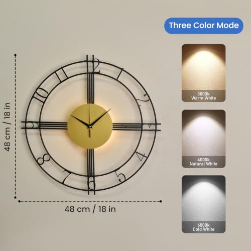 Image of Smartway Melinck 6W LED Wall Lamp with Clock | Modern Decorative Wall Light with Analog Clock | 3 Light Modes | Black & Gold Designer Wall Mount Clock for Bedroom, Living Room, Hall & Bedside