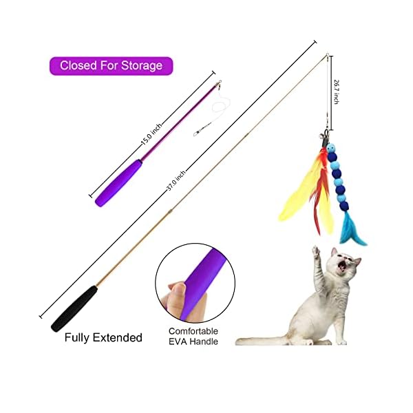 Atosun cat toys, 2pcs retractable cat feather toys, 10pcs replacement teaser refill, 1pc rainbow ribbon wand interactive kitten toys for indoor cat make exercise - image 3