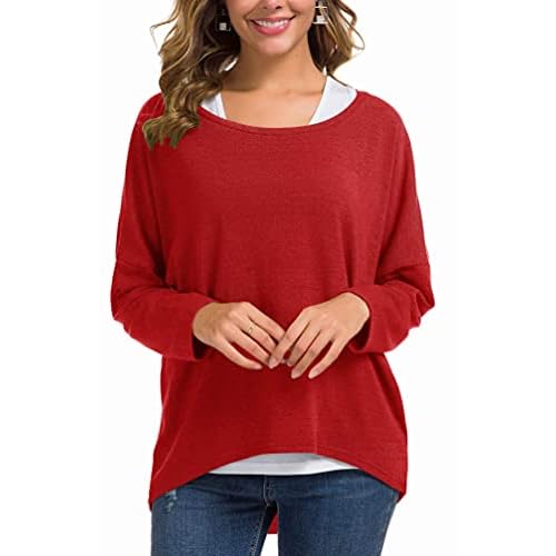 UGET Women's Oversized Baggy Tops Loose Fitting Pullover Casual Blouse T-Shirt Sweater Batwing Sleeve Small Red