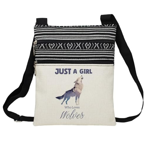 Just Love Wolves Messenger Bag Small Ethnic Pattern Printed Adjustable Strap Crossbody Zipper Bag Phone Bag Wallet Cute Shoulder Handbag for Wolf Lovers Women Friends