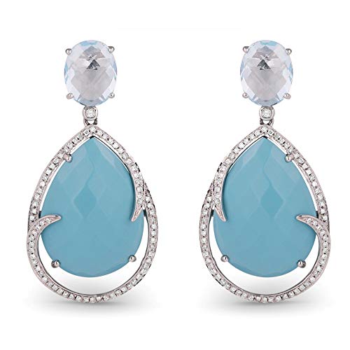 14K White Gold Pear Shape 7.73Ct Turquoise & .47Ct White Diamond Drop Dangle Earrings #TOP4