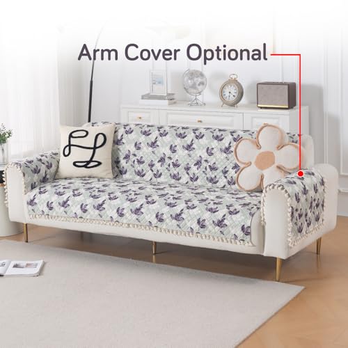 Image of HOKIPO Lavender Vine Quilted Sofa Cover 6 Seater with Tassels Set - Washable 3+2+1 Sofa Panel for Seat & Back | 'Tassel Twigs' Series (IN-991-T1 + IN-990-T1 + IN-989-T1)