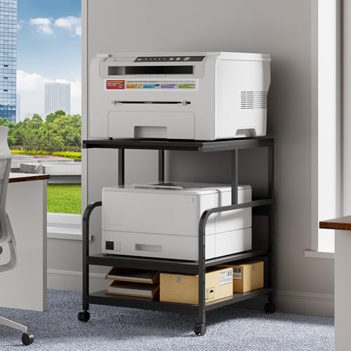 Image of Warmiehomy Printer Stand, 24''x24''x29'' Large Printer Table for Home Office with Locking Casters, Sturdy 3-Tier Rolling Cart with Adjustable Shelf, Mini Fridge Stand, Home Office Essentials, Black