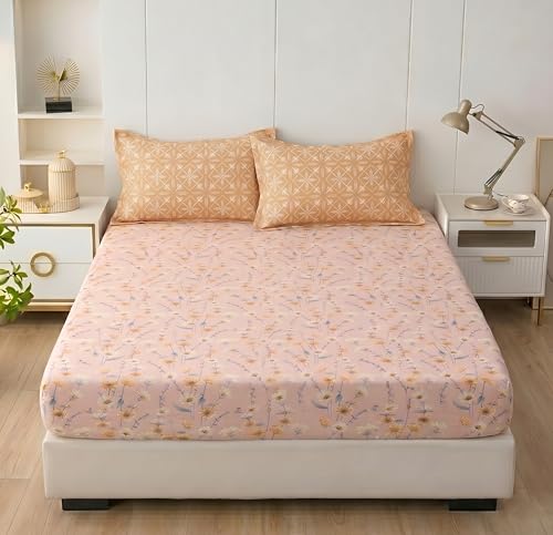 Image of HOMEKART Cotton Contrast Fitted Bedsheet for King Size Bed 72x72+10 Inch with 2 Pillow Covers 17x27 Inch | All Round Elastic | TC 144 Soft, Breathable Floral Printed Bedsheet (Peach Blossom Harmony)