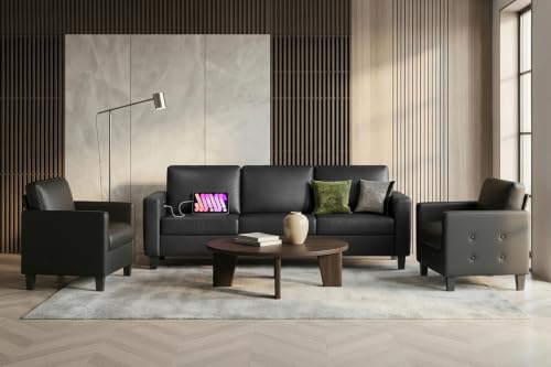 Image of STHOUYN Black Faux Leather 3 Seater Sofa and Accent Chair Set (3+1+1)