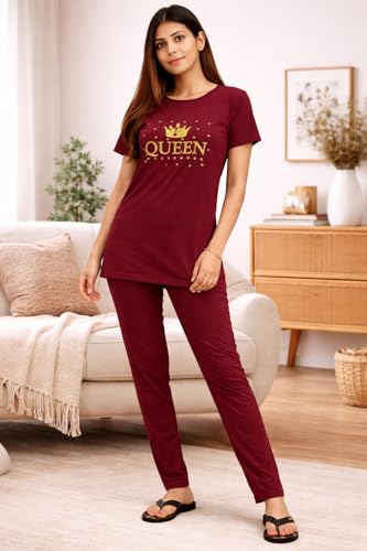 Image of KIAWAH Women's Cotton Night Suit, Long Top and Pajama Set, Round Neck, Short Sleeve,