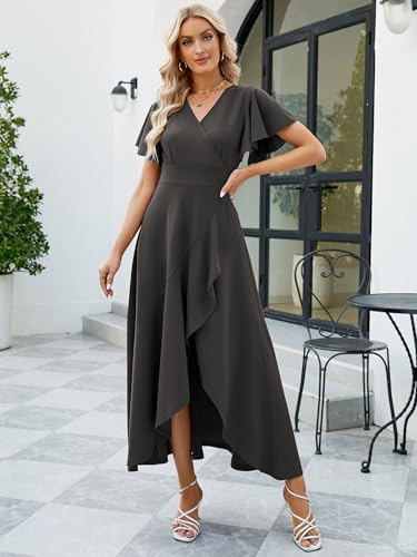 Image of Long Black Formal Dresses for Women Gowns Evening Party Cocktail Dress,Split Elegant V Neck Wrap Ruffle Wedding Guest Dresses