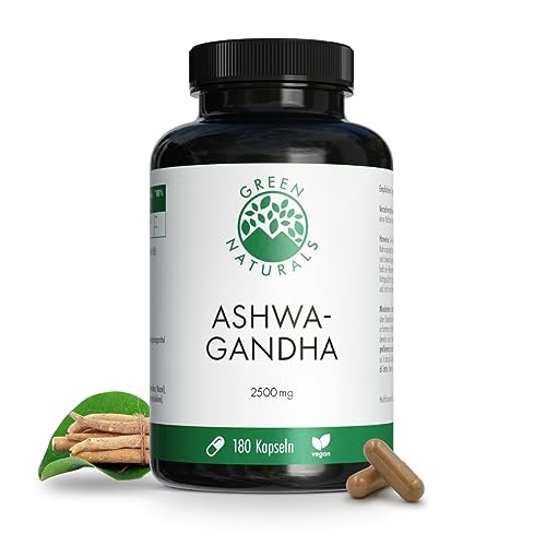 Ashwagandha Wurzelextrakt - Hochdosiert: 2500mg & 127mg Withanolide - 2 Monate Vorrat (180 Kapseln) - 100% Vegan & Ohne Zusätze - Green Naturals®