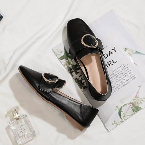 ChaiRong Zhou Women Square Toe Pu Leather Metal Ring Decoration Flats Slip on Casual Dress Office Driving Shoes3