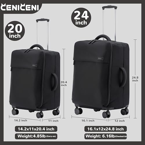 Ultralight 20" 24" Travel Luggage Set Carry-On Airline Approved Softside Suitcase, 360° Spinner Wheels, TSA Lock, with 7-Piece Travel Accessories, Black3