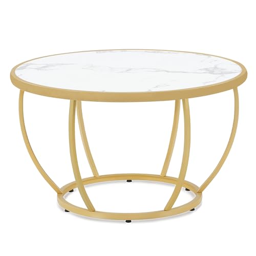 Barberpub table basse ronde en bois – Moderne – Métal – Marbre blanc doré – 80 x 80 x 46,5 cm – 2185