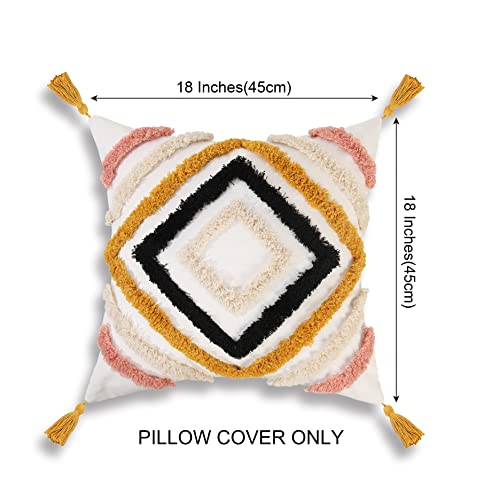 Jasen Boho Throw Pillow Covers, Woven Tufted Decorative Pillow Covers With Tassel Diamond Pattern Pillow Covers For Couch Sofa Bedroom Living Room No Pillow Insert, (Yellow, 18 X 18-Inch) #TOP2