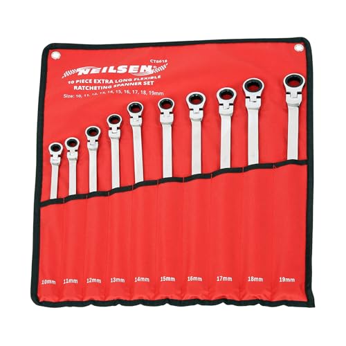 Neilsen CT6618 10-Piece Extra Long Flexible Ratcheting Spanner Set – Metric Combination Wrenches (10-19mm) with 72 Teeth (5° Opening Angle), Flexhead and Gear Ratchet, in Durable Pouch