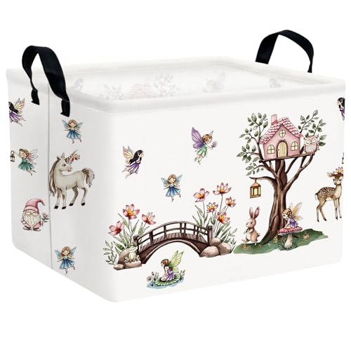 Image of Kid Cute Rectangle Storage Basket Baby Toy Clothes Storage Bin Nursery Playroom Bedroom Decor Basket (Pink Tree House Flower Fairy)
