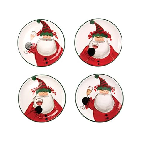 Vietri Old St. Nick Cocktail Plates, Christmas Toast Handpainted Stoneware, Set of 4 Cover