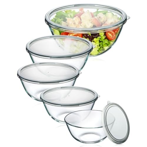 Glass Mixing Bowls with Lids Set of 5(4.78QT,2.2QT,1.7QT,1.1QT,0.85QT),Thick Glass Nesting Bowls for Kitchen Baking,Cooking Prep,Storage,Serving,Large Salad Bowls,Dishwasher Microwave Freezer Safe