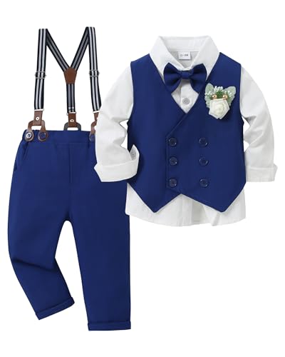 YALLET Toddler Baby Boy Clothes Suit Gentleman Wedding Outfits, Formal Dress Shirt+Bowtie+Vest+Boutonniere+Suspender Pants