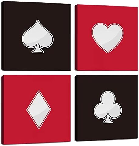 Heatsprits Playing Card Wall Art Poker Painting Black and Red Wall Decor Diamond Spades Club Heart Pattern Picture for Club Game Room Office Casino Bar Hotel Play Room Home Decor (12''W x 12''H x4)