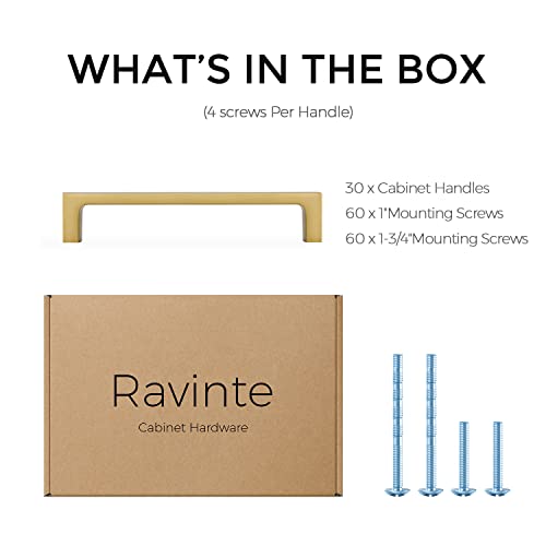 Image of Ravinte Brushed Brass Solid Pulls Cabinet Handles 5 Inch 30 Pack | Solid Zinc, Slim Design, Mounting Screws Included, Kitchen Cabinet Hardware, For Cupboards, Dressers, Drawers