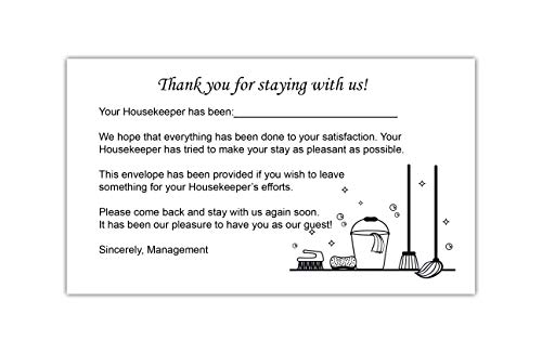 Housekeeping Hotel Motel Tip Envelope - Gummed Seal - White with Black Ink (Pack of 250)