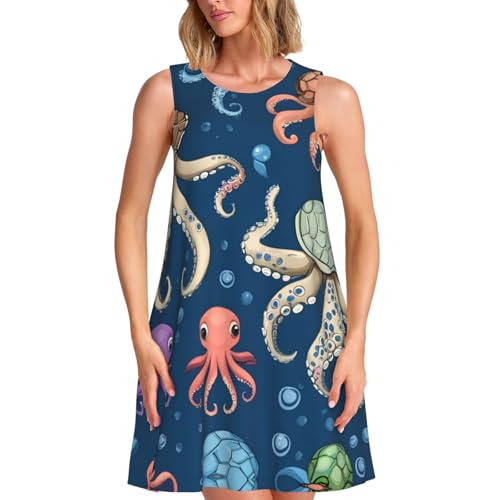 Robe d'été sans manches anti-chaleur imprimé océan et pieuvre pour femme