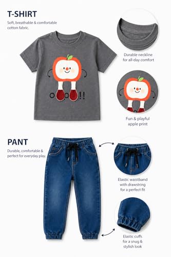 Image of Bold N Elegant Toddler Boys Clothing Set Apple Print T-Shirt with Denim Jogger Pants | Kids Casual Summer Outfit Set | Soft Cotton Tee & Elastic Waist Jeans