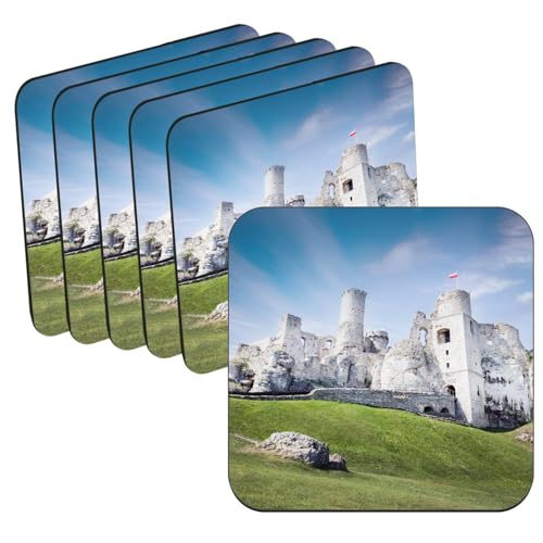 sous Verre en Bois - Château Moyen-Âge en Ruines Ogrodzieniec Pologne - Lot de 6 (95 x 95 mm)