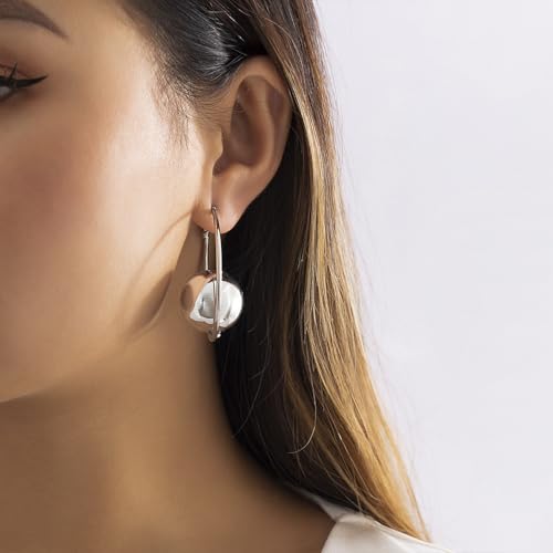 14K Gold Big Ball Drop Hoop Earrings for Women, Statement Silver Circle Large Polished Round Bead Dangle Earring Minimalist Aesthetic Party Jewelry Gift4