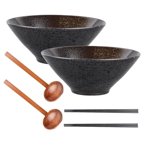Lot de 2 bols à ramen en céramique, porcelaine japonaise pour soupe, pâtes, fruits, riz avec baguettes et cuillères, passent au micro-ondes (600 ml)