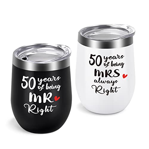50Th Anniversary Presents For Couples, 50 Years Of Being Mr. Right Mrs. Always Right Wine Tumbler Set, Wedding Gift For Husband Wife Parents Grandparents, 12 Oz Stainless Steel Tumbler, Black White #TOP22