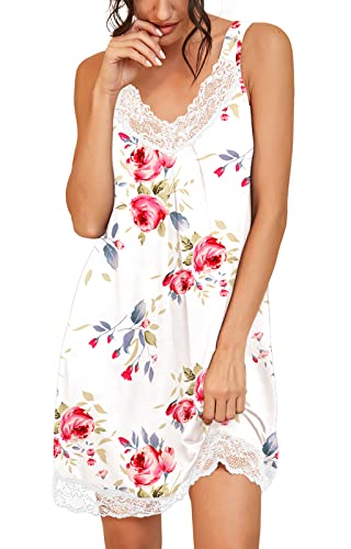 PrinStory Women's Loose Full Slips Lace Nightgown Chemise Sleepwear Cotton Jersey Nightdress US Large Print Flower White