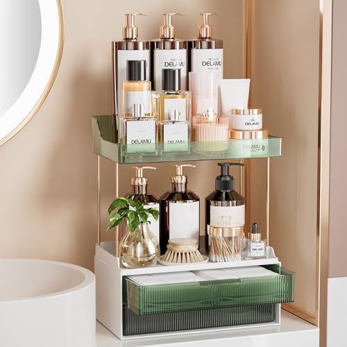 Image of Delamu 4-Tier Makeup Organizer, Bathroom Counter Storage, 2 Drawers,Green