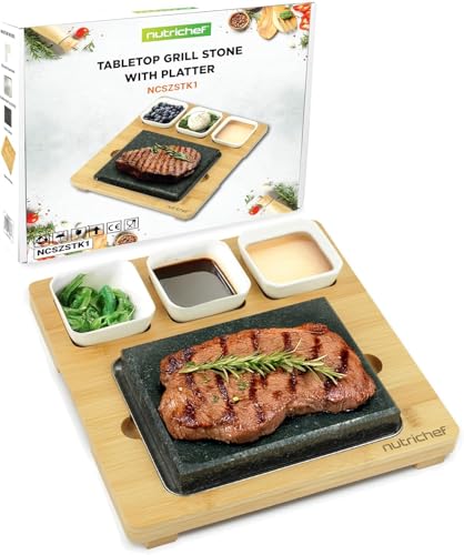 NutriChef Steak Stone Grill, Hot Stone Steak Set, with Bamboo Platter, Stainless Steel Tray, and Ceramic Sauce Bowls, Perfect for Indoor Outdoor Dining, Cooking, Parties and Gifts