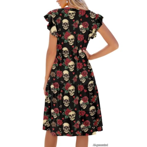 Image of Womens Summer Dress Ruffle Sleeve V Neck Dress Casual Fit Flowy Beach Vacation Sundress with Pocket S-2XL