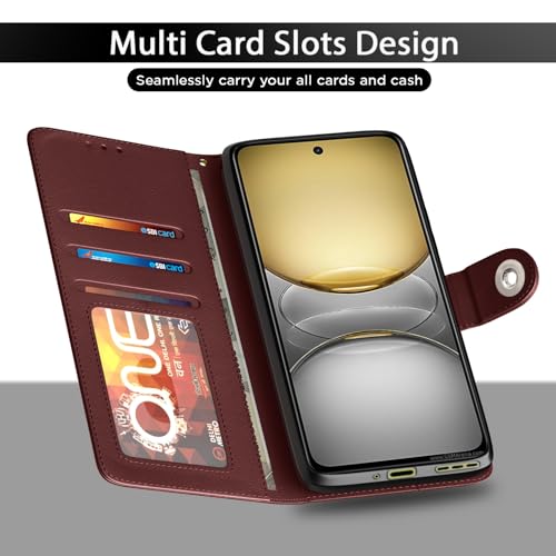 Image of Pikkme Flip Cover Leather Finish | Inside TPU with Card Pockets | Wallet Stand and Shock Proof | Complete Protection Button Flip Case for Realme C75(Brown)