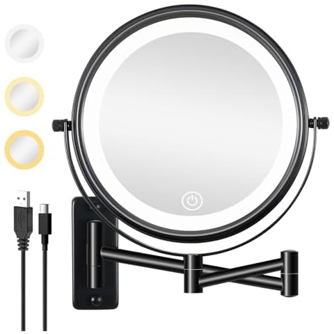 Erlingeryi 8" Rechargeable Wall Mounted Makeup Mirror with 3 Color Lights Dimmable, 1/10X Double Sided 360° Swivel Bathroom Magnifying Mirror with Extendable Arm Black Cover