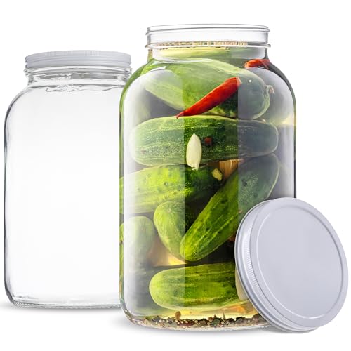 Image of kitchentoolz Set of 3 One Gallon Large Glass Jar with Lid - Wide‑Mouth Gallon Mason Jar for Sun Tea, Pickling, Kombucha - 1 Gallon Glass Jug Made in USA